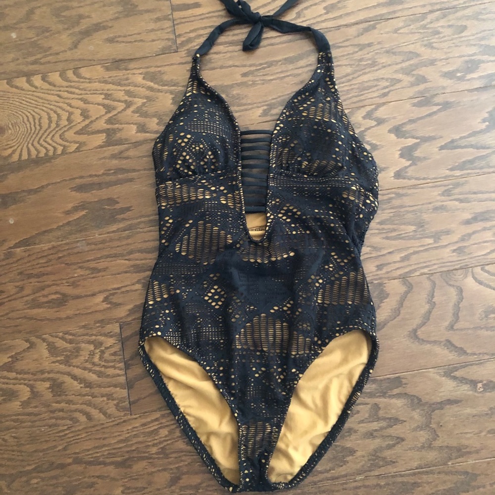 Black and Tan One Piece Swimsuit